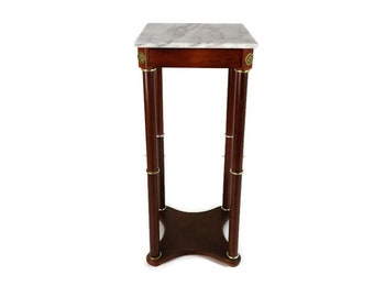 Vintage Pedestal Plant stand Marble top wood Brass trims Side table Barn style