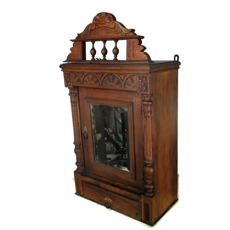 Vintage Kitchen Apothecary Wall Cabinet Beveled Glass Mirror Pediment Wood Wow