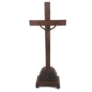 Standing Crucifix Cross hand Carved Wood  Art Piece Corpus French Magnificent   Antique
