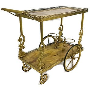 Barwagen Hollywood Regency marmeren blad vintage messing vis serveerwagen met 2 niveaus, cocktail WOW