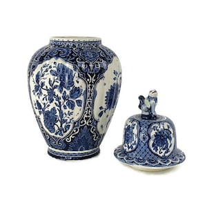Royal Sphinx Maastricht Delft Vase Urn Marked Boch Blue White Foo Dog Vintage