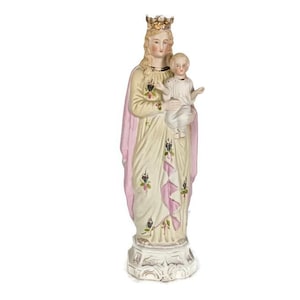 Pequeña estatua antigua francesa de bisque Virgen María Señora Virgen Niño Jesús