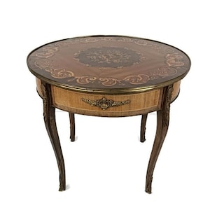 Round Italian marquetry wood inlay brass trims side coffee table Baroque style vintage