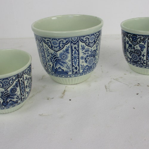Set of shops 3 Boch Royal Sphinx Delft blue White Flower Pot Jardiniere Planter Marked