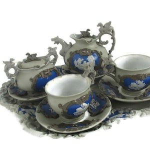 Antique breakfast set Mettlach Boch Stoneware Cameo Dragons 1900s Extremely Rare