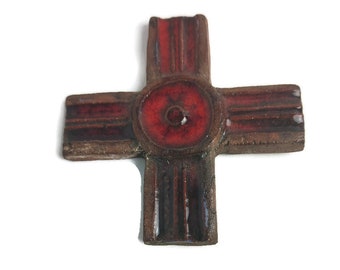 small Vintage Ceramic hanging Crucifix Red abstract Lovely era Tieberghien Belgium