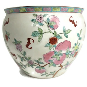 Vintage Chinese Porcelain Enamel Famille Rose Koi Fish Bowl Planter Vase  Cachepot Flowers Bats  Stunning