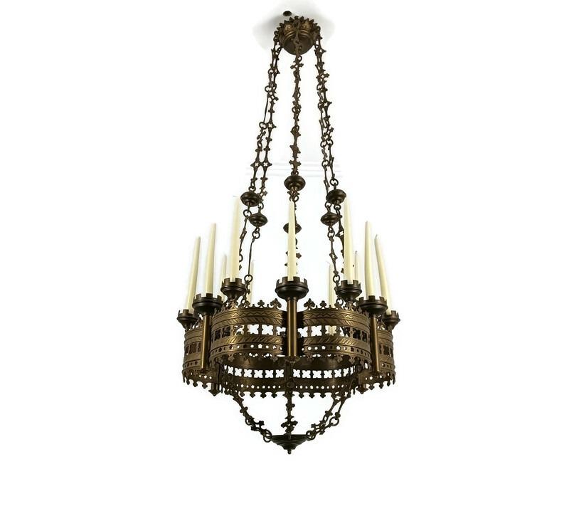 Antique Gothic Chandelier Bronze XL 19th century 12 candles not electrified very rare