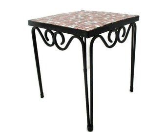 Vintage Small Side Table Plant stand Mosaic tiles Checkered pattern Wrought Iron Funky Nordic Modernist