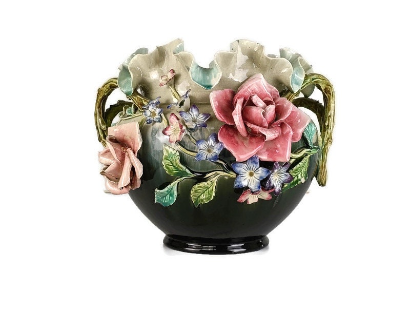 Cache Cache Pot Poterie Française Faïence Fleurs Majoliques Art Déco Panier Magnifique Grand