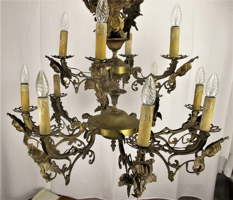 Large French Impressive 12 Arms Lights Castle Medusa Chandelier Lion Heads HTF image 9