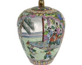 Bowl ginger Jar,  Chinese Urn Vintage Polychrome, lovely scenes family Rose Lidded