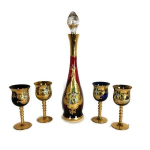 Liquor set Bottle 4 glasses Vintage Venetian glass Tre Fuochi Ruby red Italian Italy