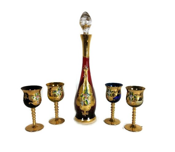 Likör-Set Flasche 4 Gläser Vintage venezianisches Glas Tre Fuochi Ruby rot Italienisch Italien