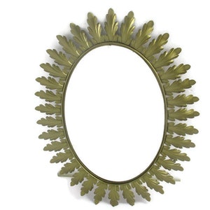 Mid Century Modern Large Ornate Oval Wall Hanging Mirror De Knudt Brass Leafs