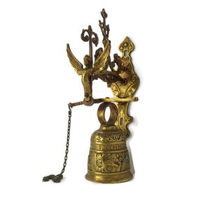 Vintage Wand befestigt Messing Glocke Verziert dekorative Mythologie Engel Ovime Tange Kloster Türklopfer
