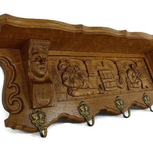 Gorgeous Hand Carved Wood Oak Coat Hat Rack Breughel Style figurine heads Antique