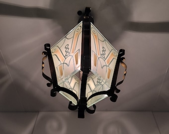 Lanterna pendente art déco antiga, luminária de vidro e bronze para corredor