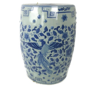 Vintage Chinese Porcelain  Garden Stool Side Table Pedestal White Blue Chinoiserie Hand Painted Celadon Bird of paradise