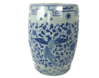 Vintage Chinese Porcelain  Garden Stool Side Table Pedestal White Blue Chinoiserie Hand Painted Celadon Bird of paradise