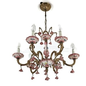 Chandelier romantic vintage porcelain small pink flowers 6 lights arm Italy