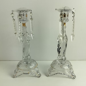 Couple Candle Holders Art Glass Gold Touches  Holy Heart Virgin Mary Christ Prisms Vintage