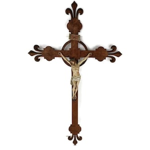 Impressive large Crucifix hanging Cross, Antique, French Fleur de Lis Plaster Corpus WOW