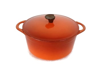 vintage French Cousances (Le Creuset)   Cast Iron Dutch Oven Casserole 20 round Flame Orange