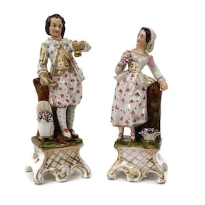 pair of Figurines Statues Bisque Porcelain  Man and Woman Flower Spanish couple Antique bud vases