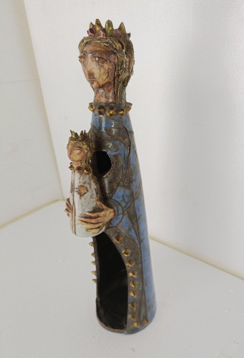 ヴィンテージ 彫像 彫刻 テラコッタ 陶器 釉薬 多色 聖母マリア