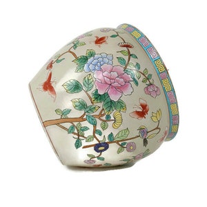Vintage Chinese Porcelain Enamel  Koi Fish Bowl Planter Vase Birds Flowers Cachepot  12&quot;