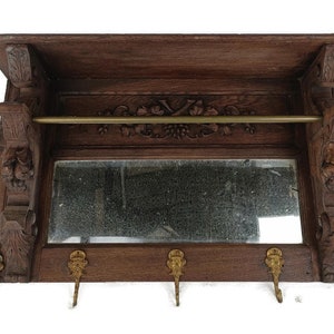 Antique Coat Rack hat rack Kitchen Rack Ornate Carved Wood Huge with Mirror