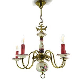Romantic Chandelier Pendant 5 arm Lights Porcelain Flowers Brass Eagles Flemish