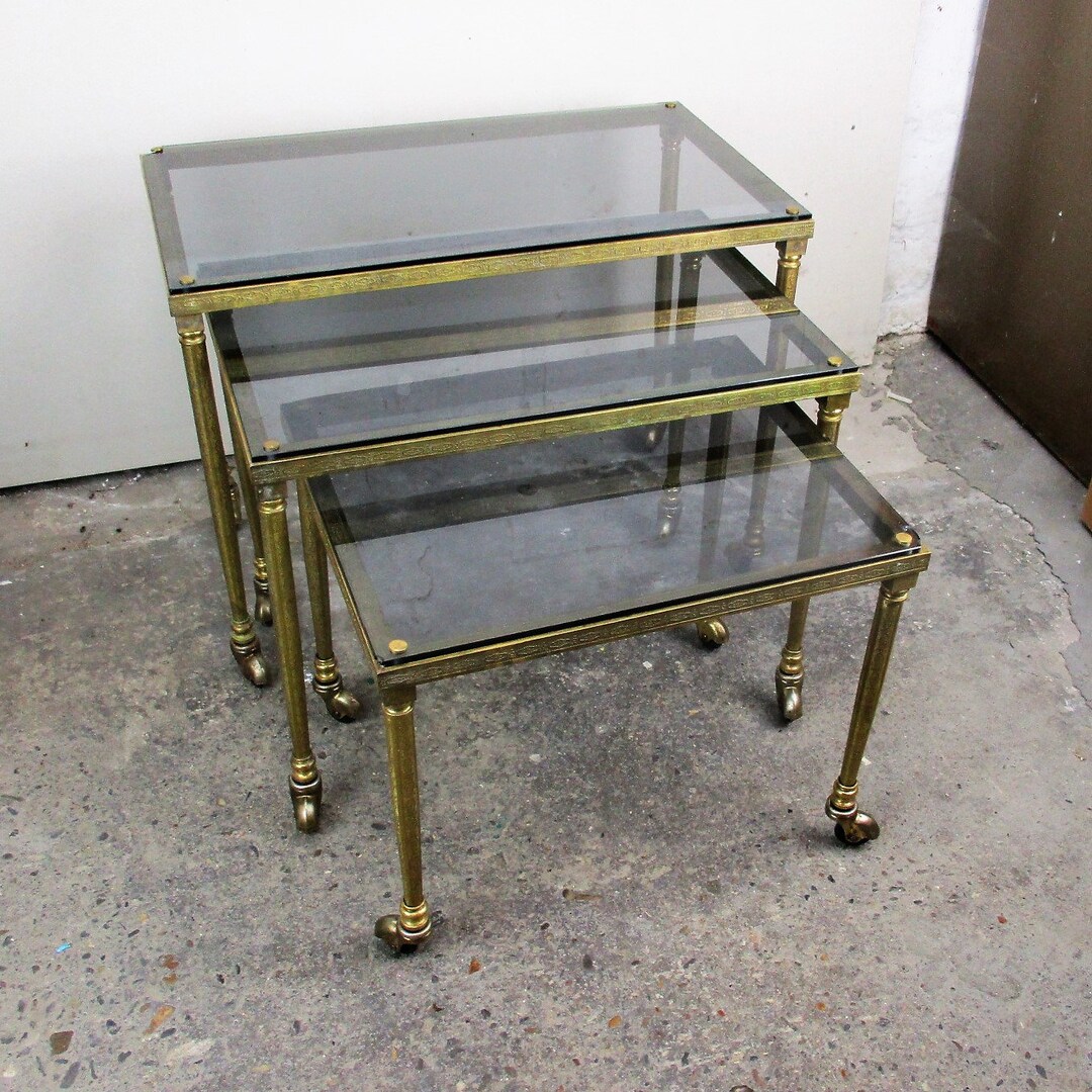 Vintage Nesting Coffee Side Tables Brass Glass Bar Cart Wheels Etsy