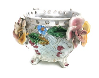 antiguo Capodimonte Planter Italia Maceta cachetpot, flores 3d, porcelana