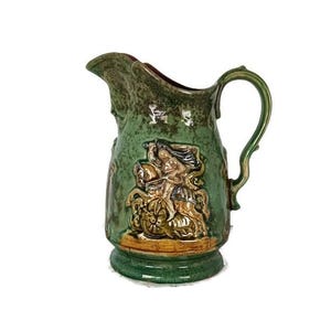 Vintage Majolica Pottery jar pitcher Saint John slaying the dragon
