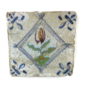 1700s  Antique Delft Tile Dutch Decorative Polychrome Flower