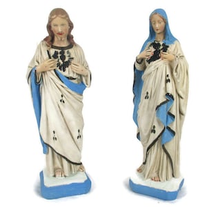 Pair Antique Statues  Jesus Christ Savior Sacred Heart Virgin Mary Madonna
