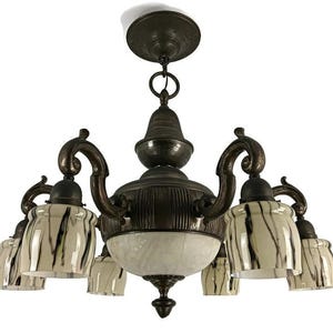 Stunning Huge  Art Deco Chandelier Fixture Bronze Art Glass Alabaster 8 lights