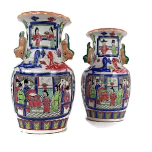 Pair Chinese Porcelain Vintage Family Rose Vases Polychrome Mid Century