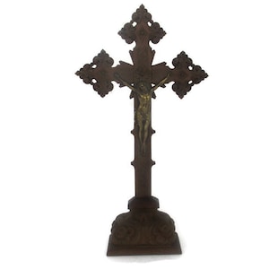 Large Standing Altar Church Chapel Crucifix Jesus Christ Cross Brass Stunning Corpus Hand Carved Wood