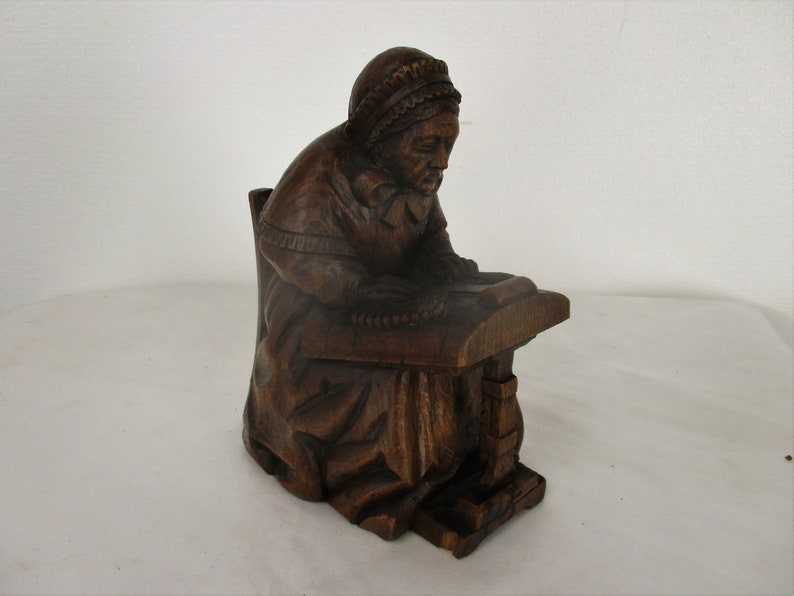 Hand Carved Wooden Statue Woman Bruges Brugge Lace Maker Folk Art Lovely Sculpture