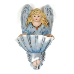 French Holy Water Font Angel Hand Painted Bisque Porcelain Collector Vintage