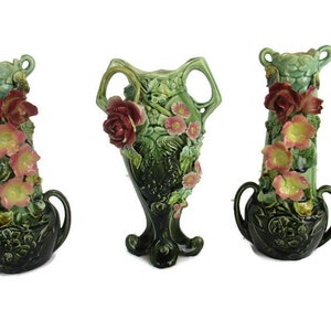 Set of 3 French Barbotine Majolica Vases Planters Centerpiece Pitchers Art Nouveau