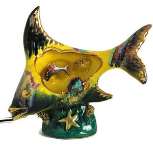French Vallauris Nightstand Desk Lamp Trompe Eye Aquarium Shell Fish yellow vintage