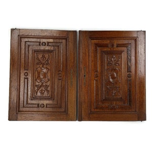 pair  Antique Hand Carved Wood Door Panels Reclaimed Architectural Salvaged Ornate Oak