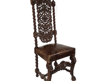 Antique Barley Twist Hand carved Wood Parlor Chair Leather Seating Ornate Gorgeous Gothic WOW