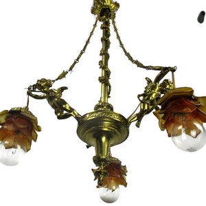 Antique Empire Chandelier Putti Cherubs Angels 3 arm Lights Amber Shades Lovely