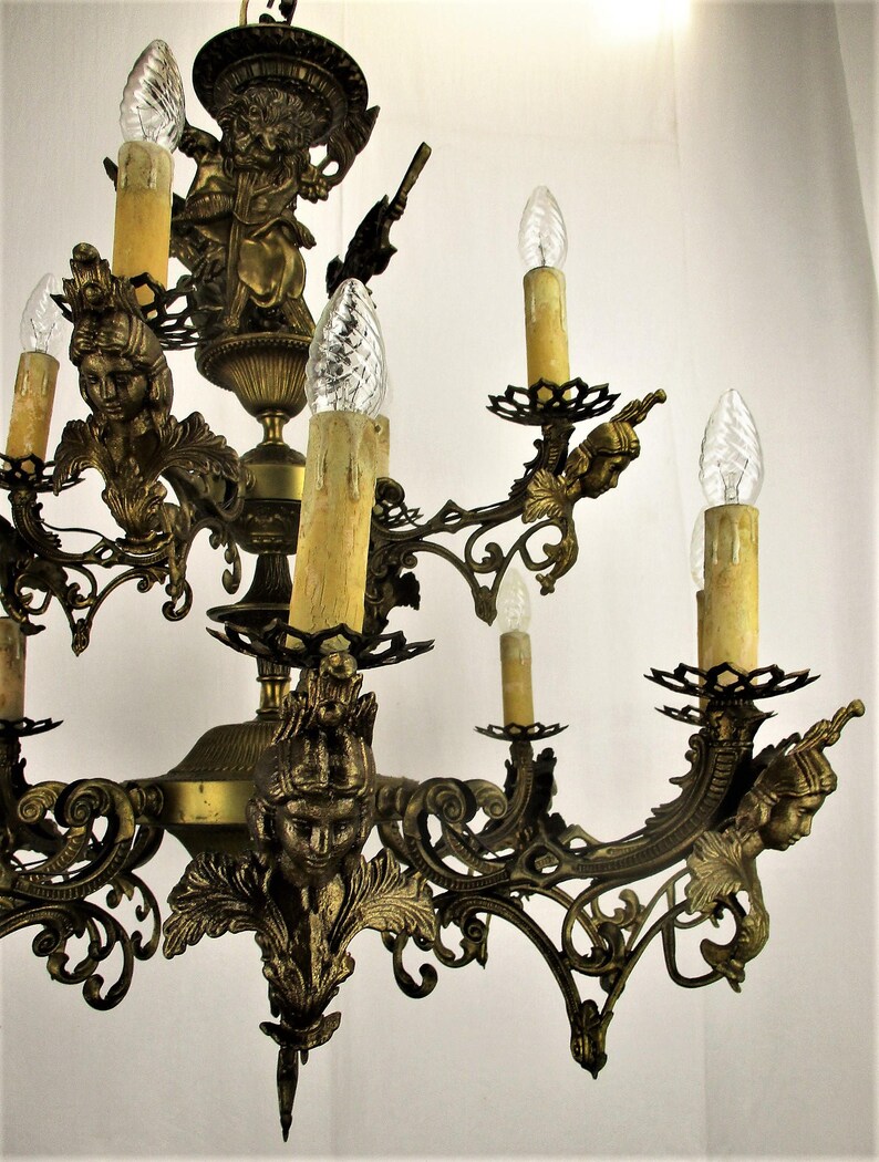 Large French Impressive 12 Arms Lights Castle Medusa Chandelier Lion Heads HTF image 5