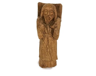 Vintage wooden hand carved wood figurine sculpture Chinese old man Phène